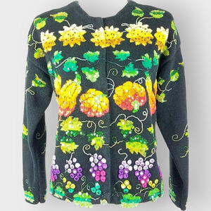 Jane's Closet Fruit Cardigan Beaded Sequins Grapes Pumpkins Cotton Ramie Size M